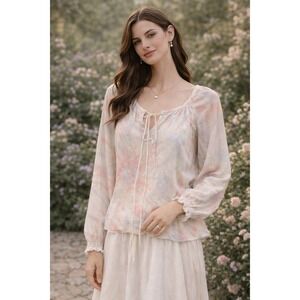 ModCloth Womens Tie Dye Peasant Blouse Pastel Pink Blue‎ Sheer Long Sleeve Large